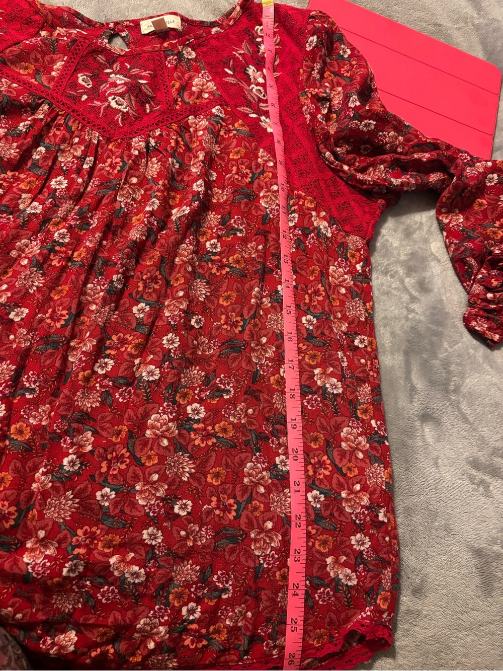 Women's Red Floral Lace Yoke Peasant Blouse - Picture 10 of 14